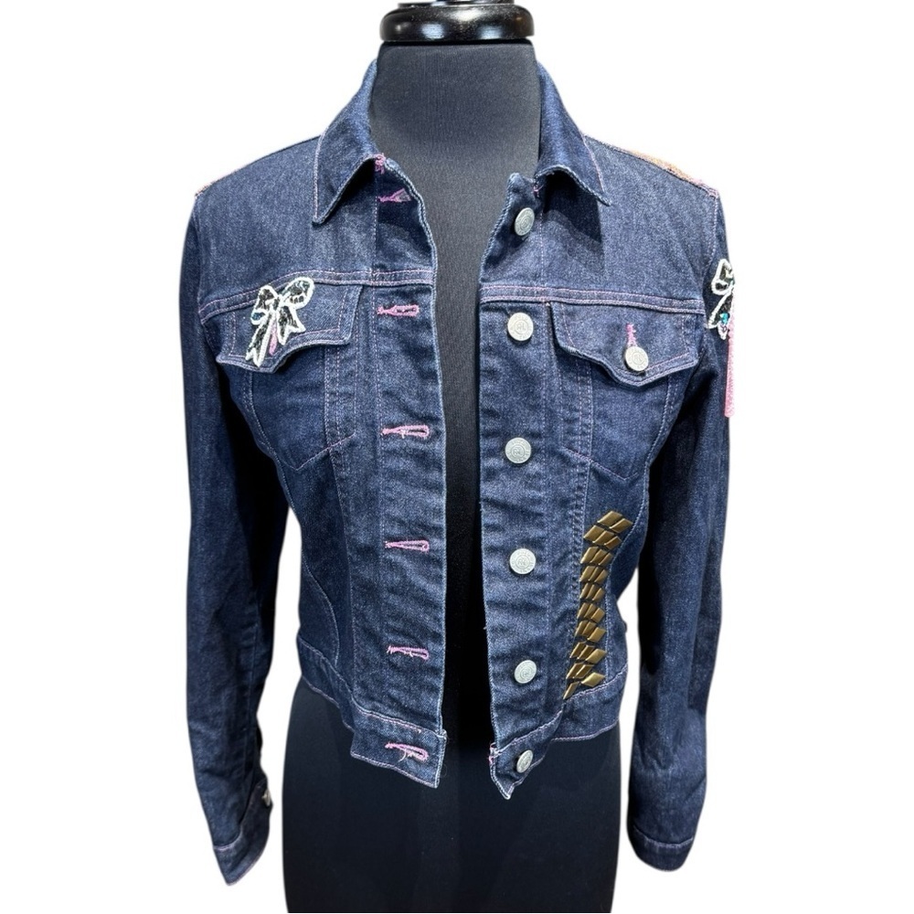 Vintage Polo Jeans Co “Stay Gold” Embellished Cropped Denim Jacket Size S - Picture 3 of 8